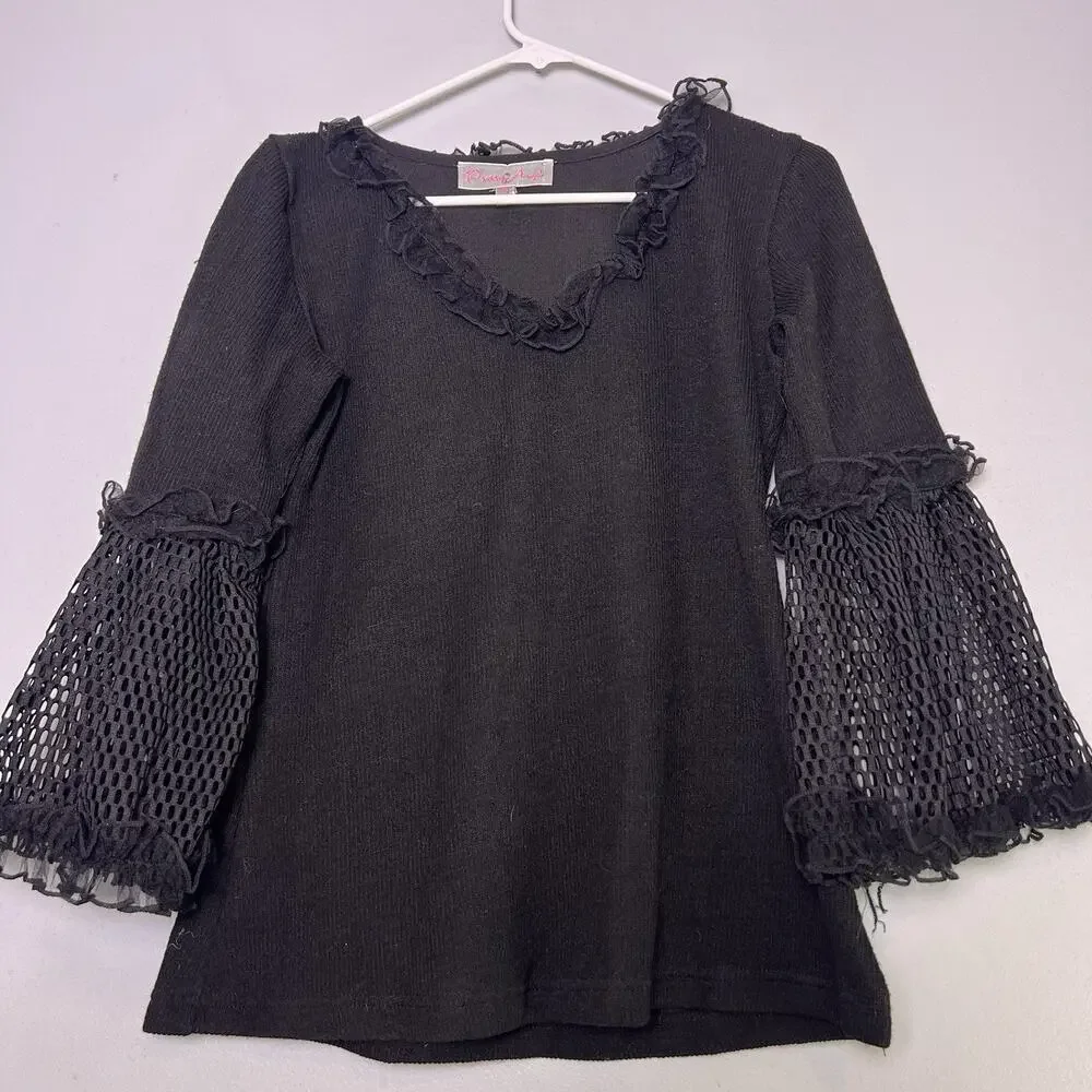 Pretty Angel Womens Gothic Ruffle Neck Bell Sleeve Lace Black Sz S Festival Boho